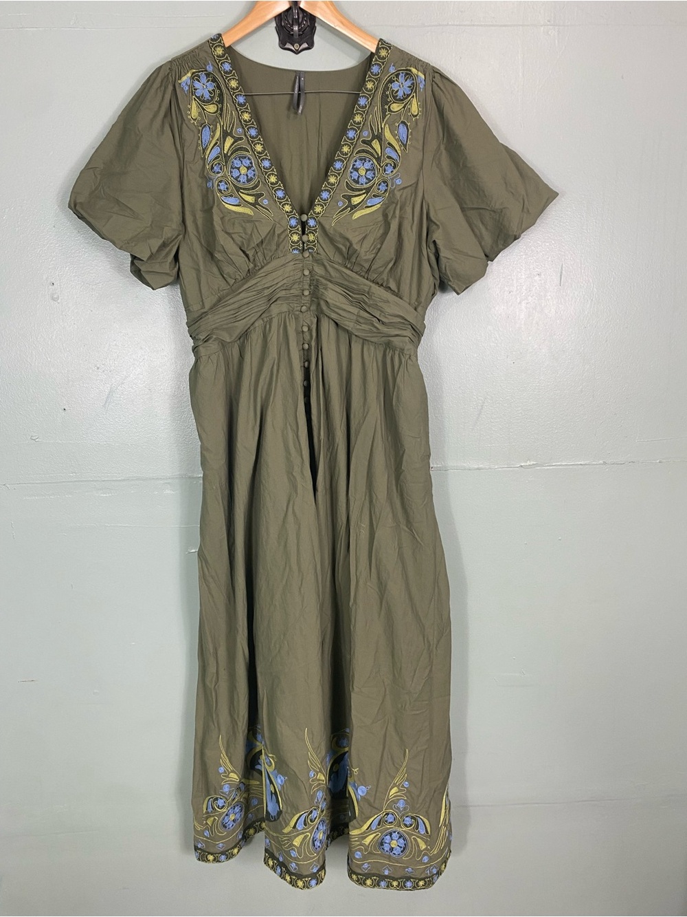 Anthropologie Katerina Embroidered Green Sundress